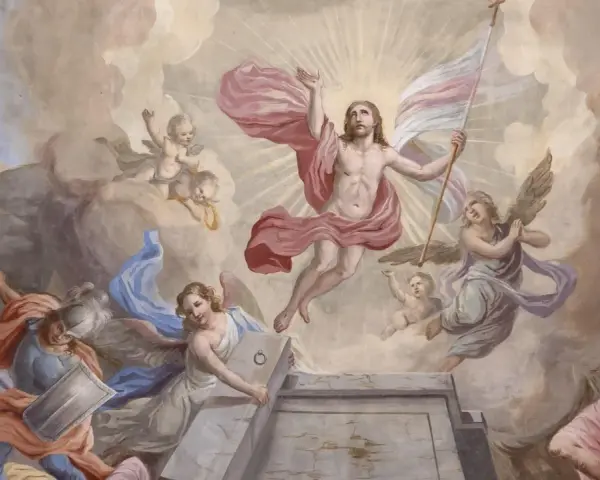 Die Auferstehung Jesu, wie sie die Bibel beschreibt: Christus steigt siegreich aus dem Grab empor, umgeben von Engeln und staunenden Soldaten.
