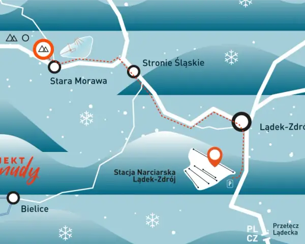Mapa z zaznaczonymi miejscowościami: Lądek-Zdrój, Stronie Śląskie, Stara Morawa, Bielice i stacją narciarską.