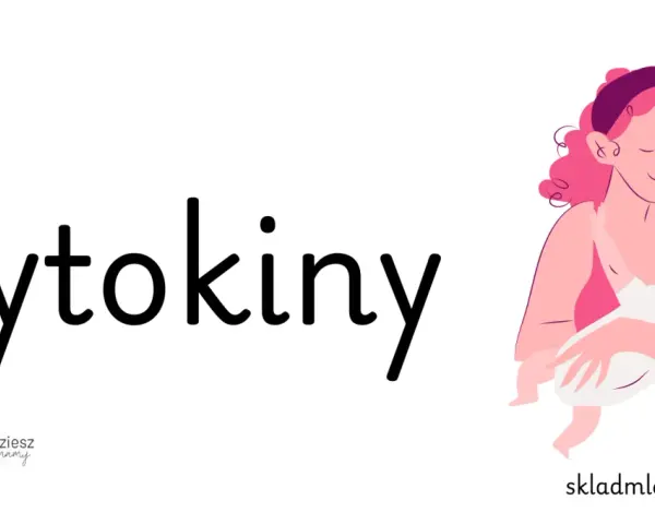Ilustracja przedstawia słowo "Cytokiny" i kobietę karmiącą dziecko piersią.