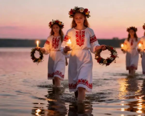 Dziewczęta wiankach i białych sukniach niosą wianki i świece, idąc przez wodę. To piękny widok, przypominający noc Kupały, inną nazwę sobótki.