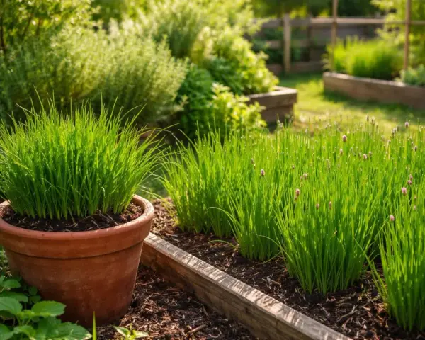 Ein sonniger **Schnittlauch Standort** im Garten. Ein großer Topf mit Schnittlauch steht links, daneben wachsen mehrere Beete mit dem grünen Kraut, einige mit zarten lila Blüten.