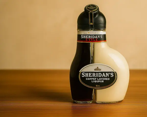 Dwukomorowa butelka Sheridan's, idealna do serwowania. Jak pić Sheridan's? Najpierw wlej biały likier, potem ciemny.