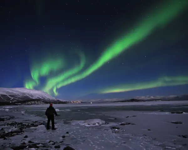 En ensam person står på en isig strand och ser på det magiska abisko norrsken som dansar över himlen.