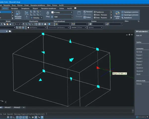 Program ZWCAD 2023 wyświetla bryłę 3D w widoku przestrzennym. W panelu "Właściwości" widoczne są parametry obiektu, takie jak typ bryły (kostka), wymiary i położenie. To solidny program do projektowania.