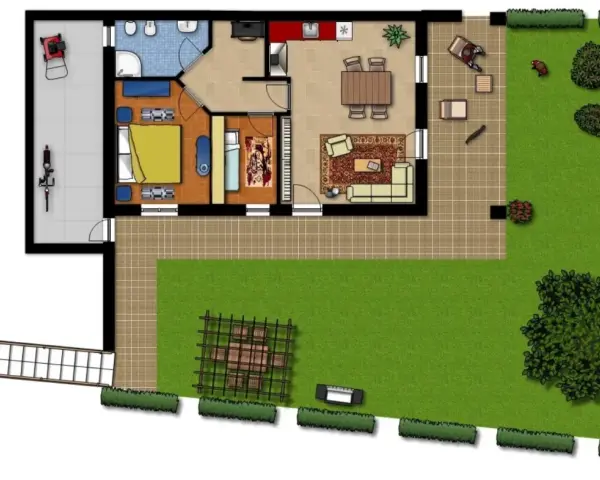 Planimetrie case: vista aerea di una casa con giardino, garage, camera da letto, bagno, cucina e soggiorno.