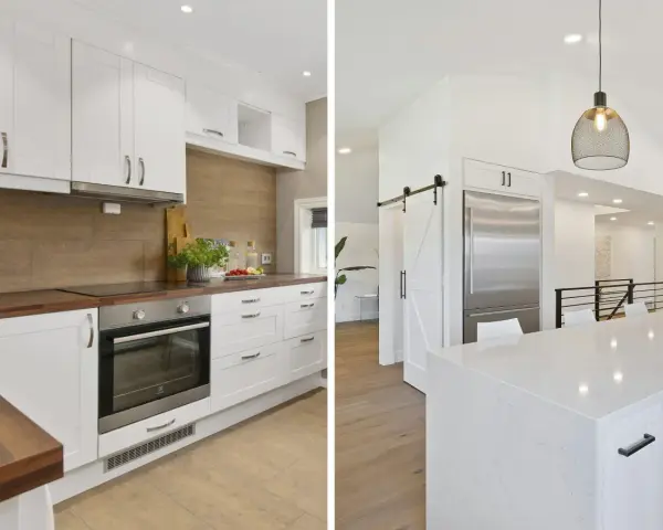 Cocina abierta con isla y barra, y cocina cerrada con electrodomésticos integrados y detalles en madera.