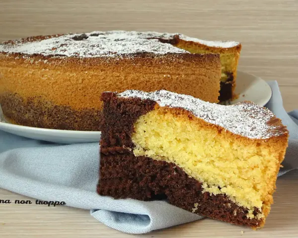 Una fetta di torta da colazione morbidissima bicolore, al cacao e vaniglia, cosparsa di zucchero a velo.