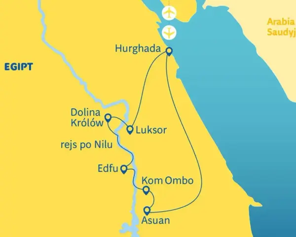 Mapa Egiptu z trasą turystyczną: Hurghada, Luksor, Dolina Królów, rejs po Nilu, Edfu, Kom Ombo, Asuan. Zastanawiasz się, ile leci się do Egiptu?