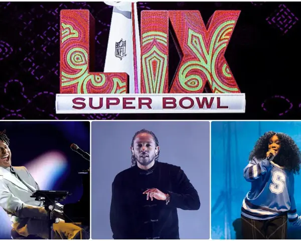 Super Bowl LIX Logo mit Jon Batiste, Kendrick Lamar und SZA.