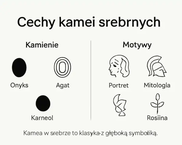 Kamea co to? Grafika przedstawia cechy kamei srebrnych: kamienie (onyks, agat, karneol) i motywy (portret, mitologia, roślina).
