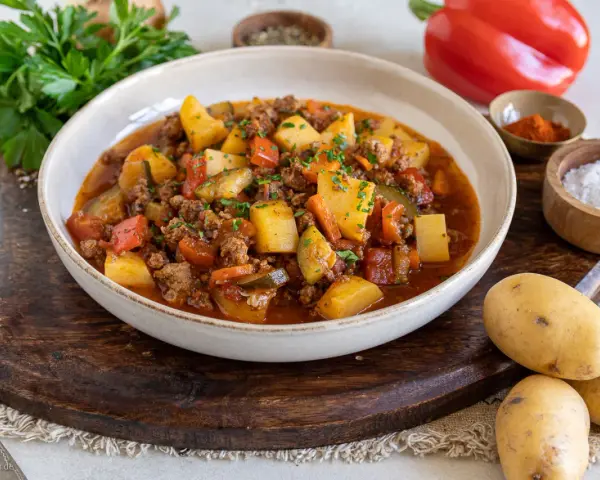 Herzhafter Bauerntopf mit Hackfleisch, Kartoffeln und Gemüse. Ein einfaches und leckeres Bauerntopf Rezept für die ganze Familie.