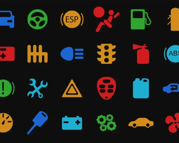Icone colorate per spie auto: batteria, volante, ESP, airbag, benzina, luci, cambio, ABS, freno, manutenzione, motore, liquido, ecc.