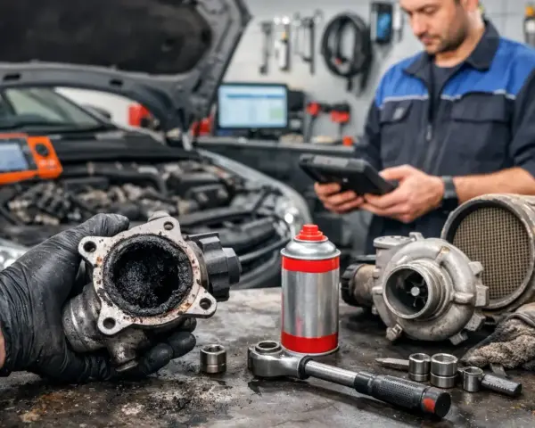 Mechanik trzyma mocno zabrudzony zawór EGR. Obok leżą turbosprężarka i narzędzia.