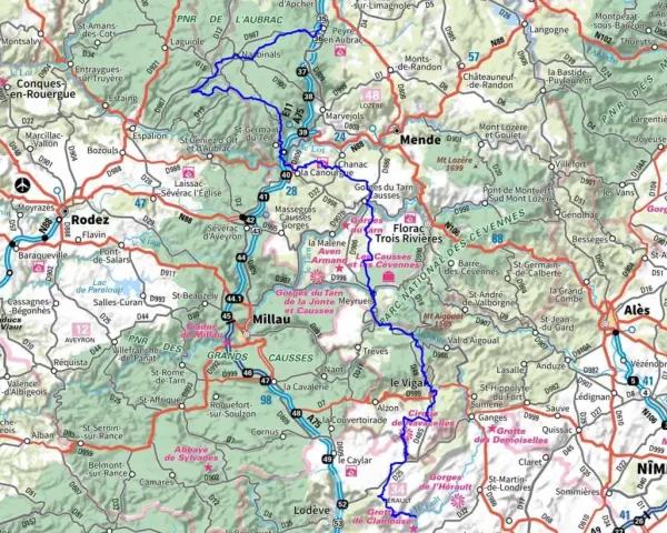 Carte du chemin de Saint-Guilhem-le-Désert, montrant le dénivelé et les Gorges du Tarn.
