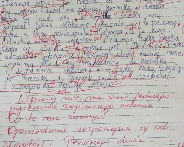 Przykłady pisma z dysgrafią: litery nierówne, pochylone, zniekształcone. Tekst opowiada o Pinokiu i jego przygodach.