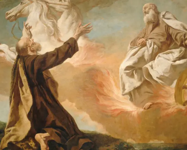 Elijah ascends in a fiery chariot pulled by horses, while Elisha watches from below.