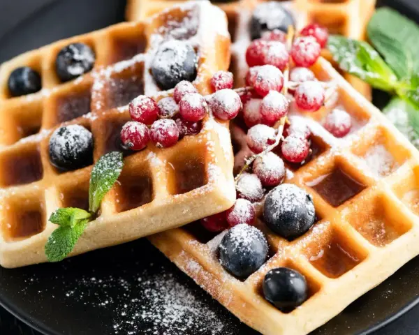 Keto gofry z mąki kokosowej z borówkami, porzeczkami i miętą, posypane cukrem pudrem.
