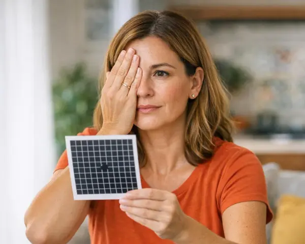 Donna copre un occhio, tenendo una griglia con un'ombra nera al centro, forse per un test visivo.