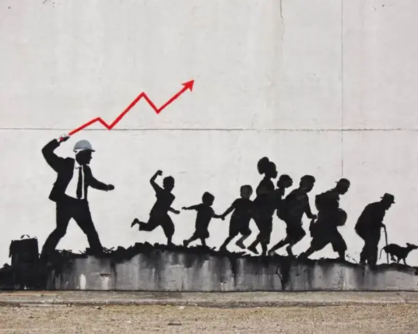 Œuvre de Banksy à New York : un homme d'affaires frappe une flèche de graphique économique ascendante, menant une file de silhouettes d'enfants et d'adultes.