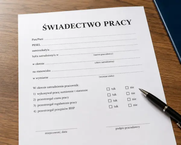 Formularz świadectwo pracy z polami do wypełnienia danych pracownika, okresu zatrudnienia i oceną jego pracy.