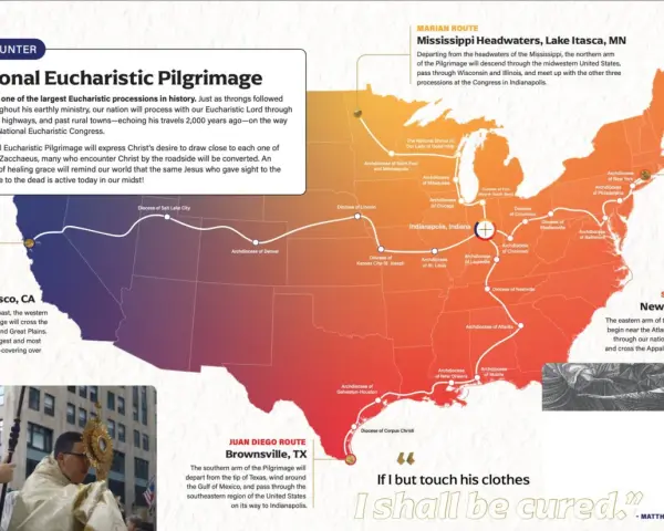 Map of US National Eucharistic Pilgrimage routes, showing four paths converging in Indianapolis, highlighting various Christian prayer sites.