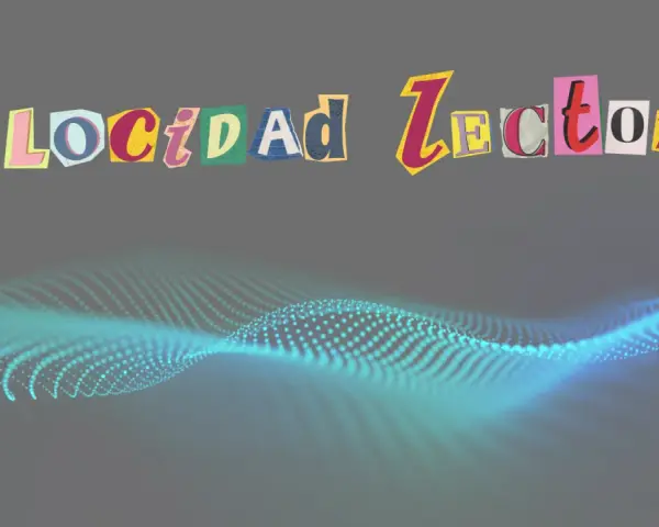 Letras recortadas forman "Velocidad Lectora". Una onda de puntos luminosos turquesas se ondula en la parte inferior.
