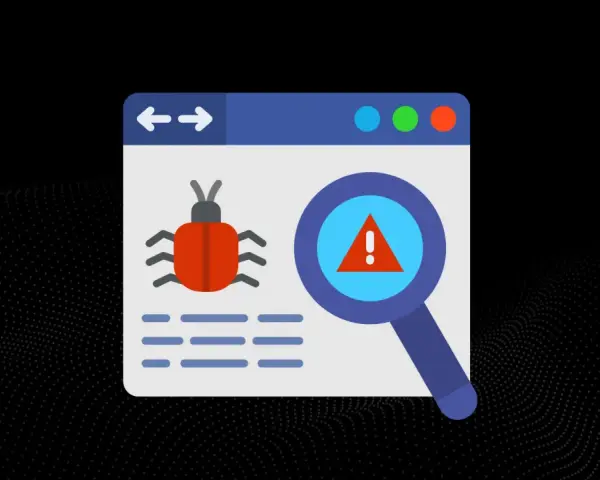 Wykryto wirus internetowy! Czerwony robak na ekranie przeglądarki, lupa z symbolem ostrzeżenia.