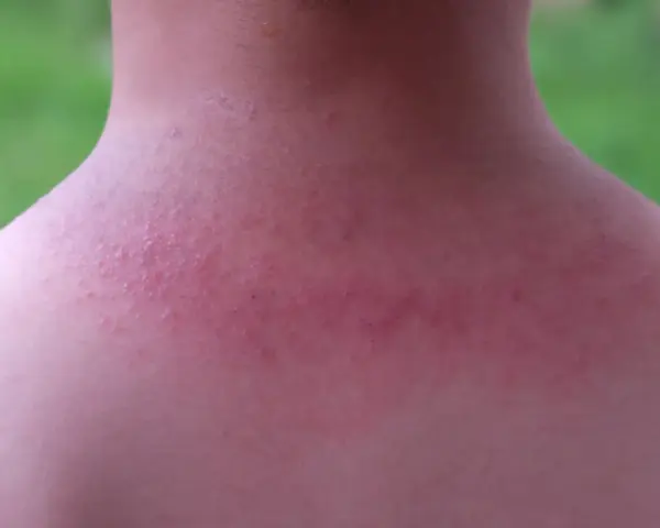 Sarpullido en el cuello, con piel enrojecida y pequeños bultos.