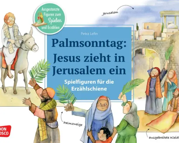Illustration zum gesegneten Palmsonntag: Jesus zieht auf einem Esel in Jerusalem ein, Menschen jubeln mit Palmzweigen und breiten Kleider aus.