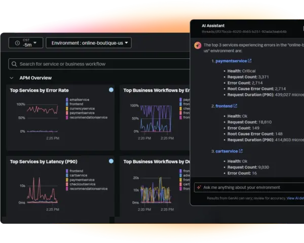 Cloud based application monitoring dashboard showing error rates, latency, and AI assistant identifying critical services like paymentservice.