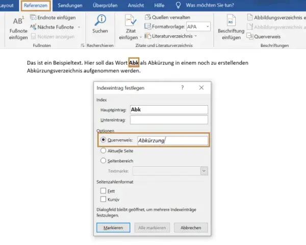 Word: Indexeintrag festlegen. "Abk" wird als Abkürzung markiert, mit Verweis auf "Abkürzung".