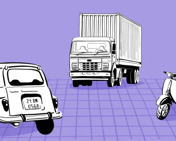 Un coche clásico, un camión de carga y una moto scooter sobre un fondo morado cuadriculado. Los portes llevan IVA.