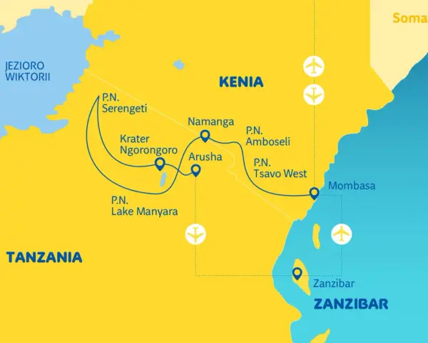 Mapa turystyczna Kenii i Tanzanii z zaznaczonymi parkami narodowymi, miastami i trasami podróży.