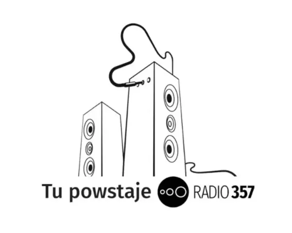 Dwa głośniki połączone kablem, symbolizujące dźwięk i muzykę. Logo RADIO 357.