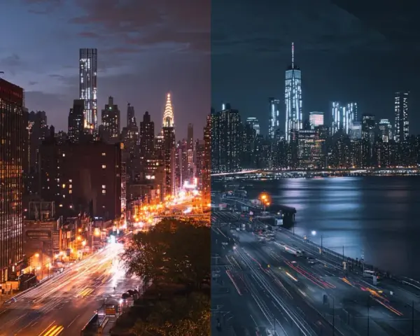 Dwa nocne widoki Nowego Jorku, po lewej z Chrysler Building, po prawej z One World Trade Center. Efekt denoise AI podkreśla blask świateł.