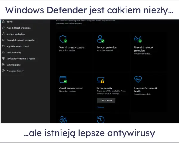 Interfejs Windows Defender pokazuje status ochrony: wirusów, sieci, konta i urządzenia. Wszystko działa poprawnie.
