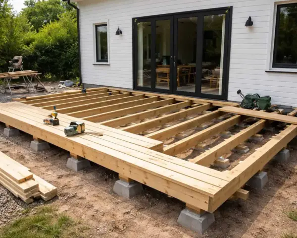 Grundstomme för altan byggs. Träbjälkar på betongplintar, redo att bygga altan. Verktyg ligger redo.