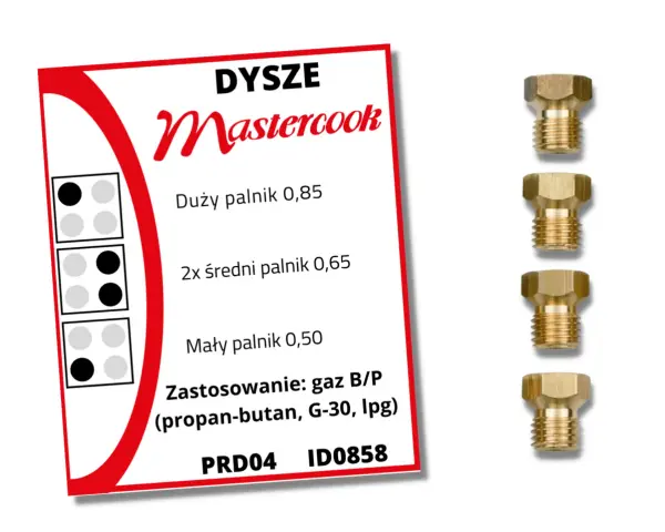Dysze Mastercook do kuchenki gazowej na czysty propan-butan. Zestaw zawiera dysze do dużego, średnich i małego palnika.