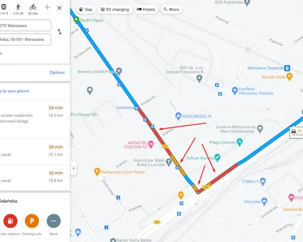 Trasa w aplikacji Google Maps z Warszawy Zachodniej do Gdańskiej, z zaznaczonymi objazdami i informacją o robotach drogowych.