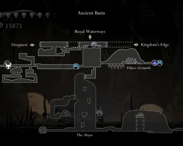 Mapa de Ancient Basin en Hollow Knight, mostrando el camino a Deepnest, Royal Waterways y Kingdom's Edge. Se ven fragmentos de vasija.