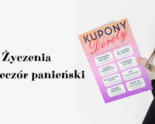 Wzruszające życzenia na wieczór panieński na plakatach z kuponami. Uśmiechnięta dziewczyna prezentuje kolorowe kupony.