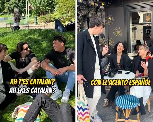 Dos escenas: jóvenes en un parque y en una terraza. Se pregunta cómo son los franceses, con acento español.