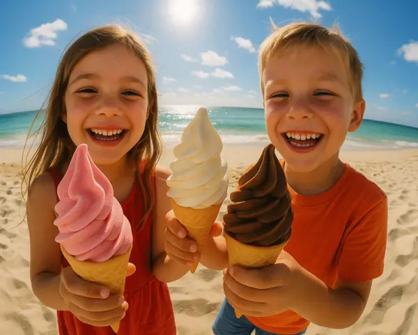 Zwei glückliche Kinder am Strand mit Eis. Der süße Geschmack von Glucose Zucker auf der Zunge.