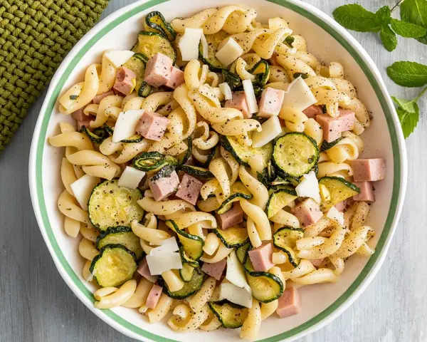 Un'insalata di pasta fredda sfiziosa con fusilli, zucchine grigliate, cubetti di prosciutto cotto e scaglie di formaggio.