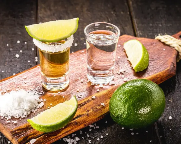 Zwei Gläser Tequila, Salz und Limettenspalten auf einem Holzbrett. Perfekt zum Tequila trinken.