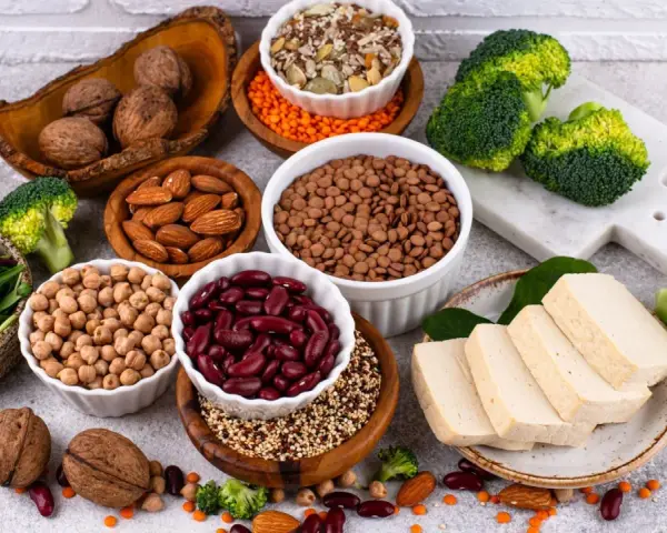 Un assortiment coloré de graines, noix, légumineuses et tofu, offrant une variété de protéines végétales pour une alimentation saine.