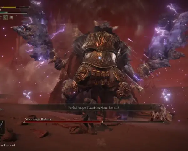 Enfrentamiento épico contra Starscourge Radahn, uno de los jefes más temidos de Elden Ring. ¡La batalla es intensa!