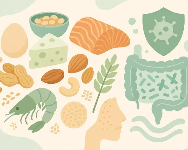 Illustration d'allergènes alimentaires courants (oeuf, fromage, poisson, noix, crevettes) et d'un visage avec des symptômes d'allergie. L'image suggère les allergie noisette symptômes.