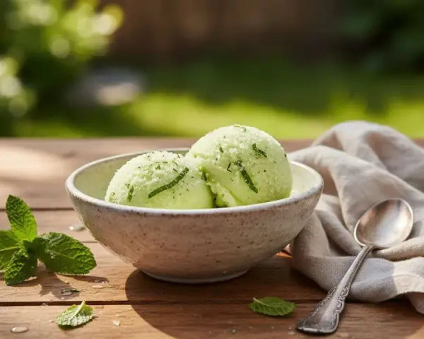 Zwei Kugeln Minz-Limetten-Eis in einer Schale, garniert mit Minze und Limettenschale. Perfekt, um den zuckergehalt messen.