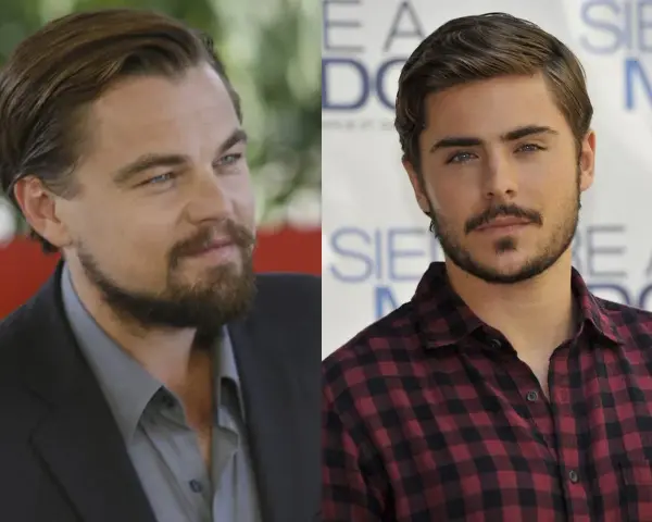 Leonardo DiCaprio y Zac Efron, ambos con estilosas barbas cuadradas, posan para la cámara.